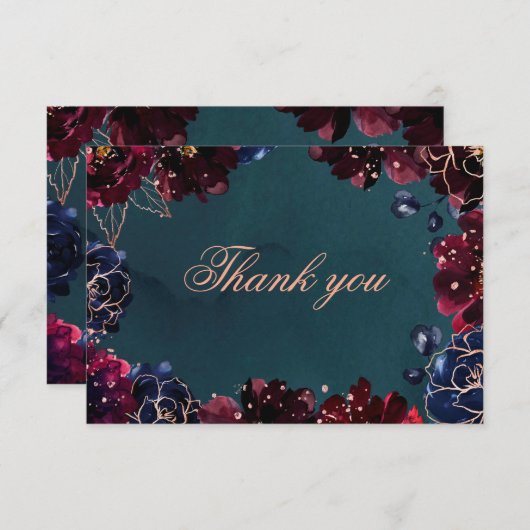 ティール(緑がかった色)ボルドー・サファイアジュエルトーンバラ結婚ズ サンキューカード (正面/裏面)