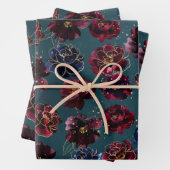 ティール（緑がかった色）ボルドー・サファイアジュエルトーン結婚金ゴールド ラッピングペーパーシート (インサイチュ)