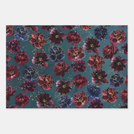 ティール（緑がかった色）ボルドー・サファイアジュエルトーン結婚金ゴールド ラッピングペーパーシート