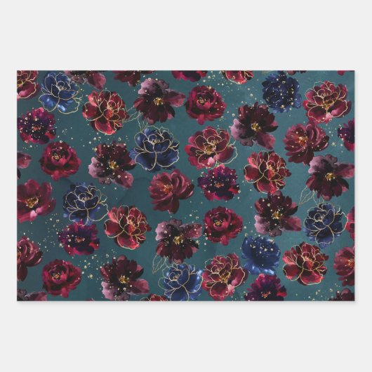 ティール（緑がかった色）ボルドー・サファイアジュエルトーン結婚金ゴールド ラッピングペーパーシート (正面)