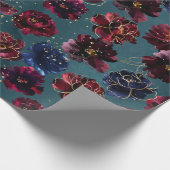 ティール（緑がかった色）ボルドー・サファイアジュエルトーン結婚金ゴールド ラッピングペーパー (角)