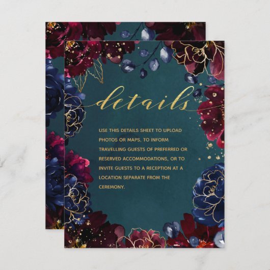 ティール(緑がかった色)ボルドー・サファイアジュエル結婚トン詳細 エンクロージャーカード (正面/裏面)