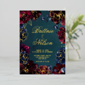 ティール(緑がかった色)ボルドー・サファイアジュエル結婚トン金ゴールド 箔招待状 (立ち正面)