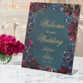 ティール(緑がかった色)ボルドーSapphire Jewel Tone Welcome 結婚's 台座サイン