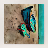 ティール(緑がかった色)ボートオンザサンディビーチ ジグソーパズル (横)