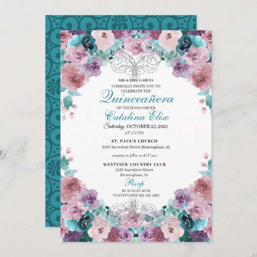 ティール(緑がかった色)&マウブサンセットキンセアニェラ誕生日 招待状 (正面/裏面)