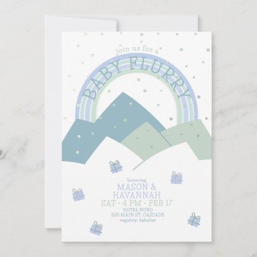 ティール（緑がかった色）マウンテンスノーフラージベビーシャワー招待状 招待状 (正面)