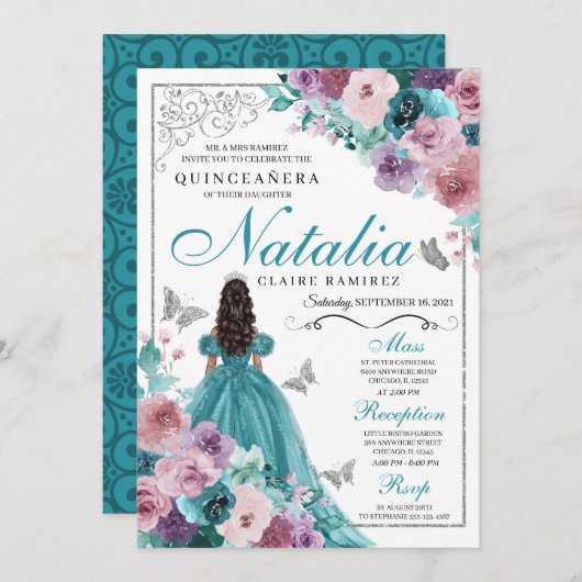 ティール(緑がかった色)&マウヴ海サンセットプリンセスキンセアニェラ 招待状 (正面/裏面)