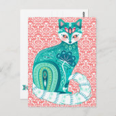 ティール(緑がかった色)マクシマリストキャットフォークフローラ – ピンク葉書 ポストカード (正面/裏面)