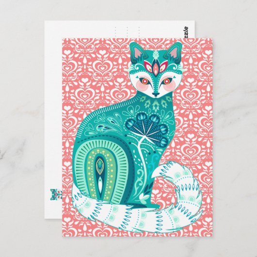 ティール（緑がかった色）マクシマリストキャットフォークフローラ – ピンク葉書 ポストカード (正面/裏面)