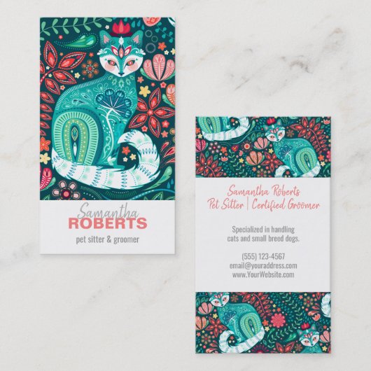 ティール（緑がかった色）マクシマリスト猫フローラフォークアート名刺 名刺 (正面/裏面)