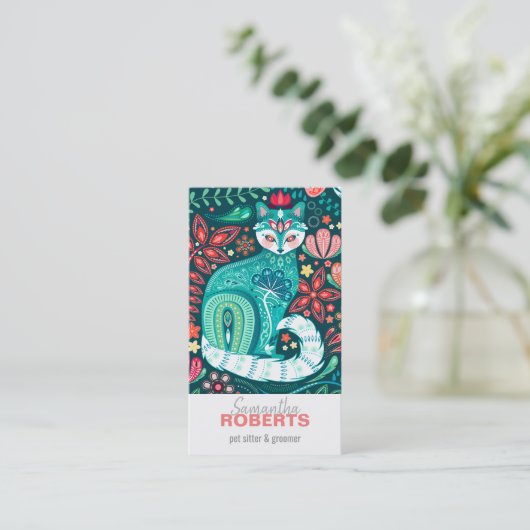 ティール（緑がかった色）マクシマリスト猫フローラフォークアート名刺 名刺 (スタンド正面)