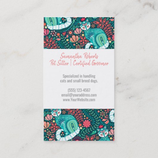ティール（緑がかった色）マクシマリスト猫フローラフォークアート名刺 名刺 (裏面)