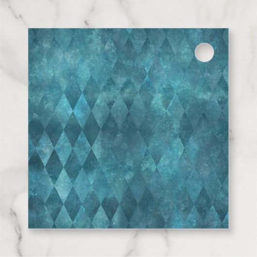 ティール（緑がかった色）マスカレードコルセットとハーレクインパターン フェイバータグ (裏面)