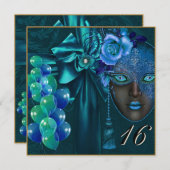 ティール(緑がかった色)マスカレードヴェネチアンマスクスウィート16招待状 招待状 (正面/裏面)