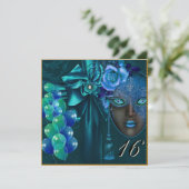 ティール(緑がかった色)マスカレードヴェネチアンマスクスウィート16招待状 招待状 (スタンド正面)