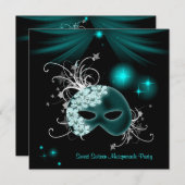 ティール（緑がかった色）マスクスウィート16マスカレードパーティー 招待状 (正面/裏面)