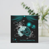 ティール（緑がかった色）マスクスウィート16マスカレードパーティー 招待状 (スタンド正面)