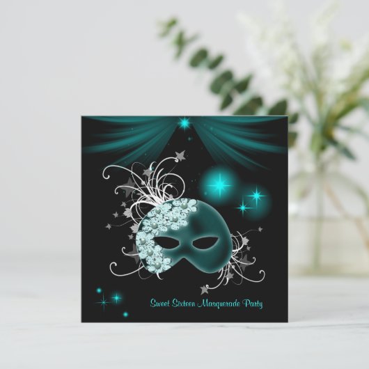 ティール（緑がかった色）マスクスウィート16マスカレードパーティー 招待状 (スタンド正面)