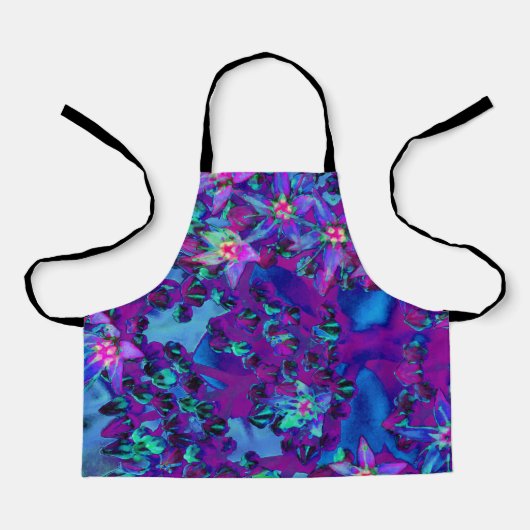ティール（緑がかった色）、マゼンタ、青の多肉性セダムの花 エプロン (正面)