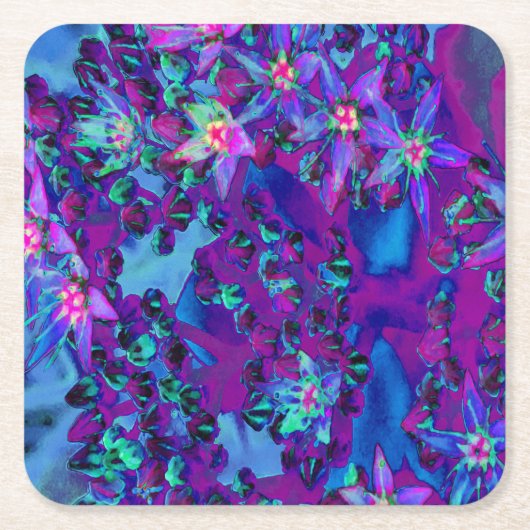 ティール（緑がかった色）、マゼンタ、青の多肉性セダムの花 スクエアペーパーコースター (正面)