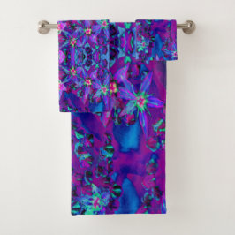 ティール（緑がかった色）、マゼンタ、青の多肉性セダムの花 バスタオルセット