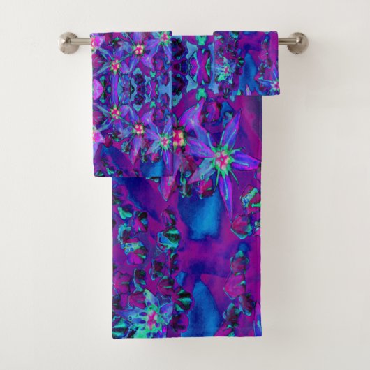 ティール（緑がかった色）、マゼンタ、青の多肉性セダムの花 バスタオルセット (インサイチュ)