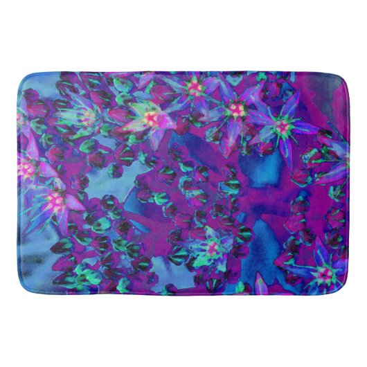 ティール(緑がかった色)、マゼンタ、青の多肉性セダムの花 バスマット (正面)