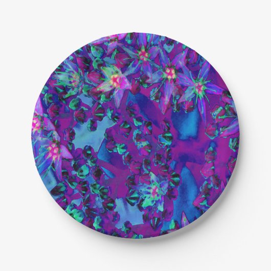 ティール（緑がかった色）、マゼンタ、青の多肉性セダムの花 ペーパープレート (正面)