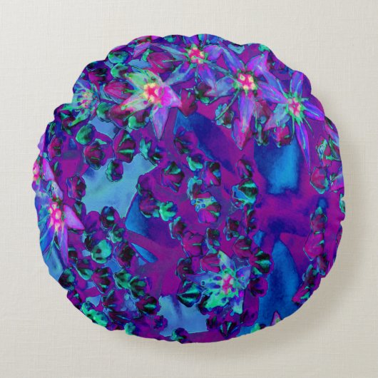 ティール（緑がかった色）、マゼンタ、青の多肉性セダムの花 ラウンドクッション (正面)