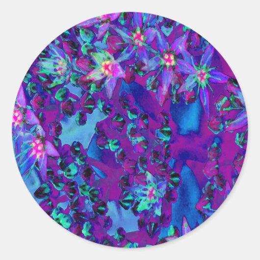 ティール（緑がかった色）、マゼンタ、青の多肉性セダムの花 ラウンドシール (正面)