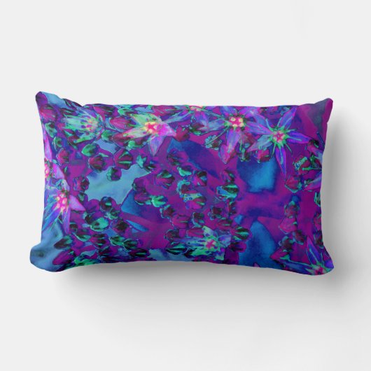 ティール（緑がかった色）、マゼンタ、青の多肉性セダムの花 ランバークッション (正面)