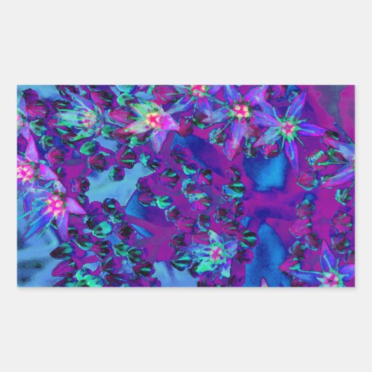 ティール（緑がかった色）、マゼンタ、青の多肉性セダムの花 長方形シール (正面)