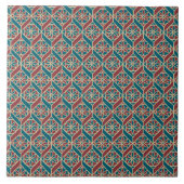 ティール（緑がかった色）、マルーン、ベージュ民族花パターン タイル (正面)
