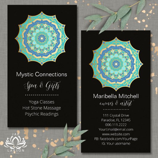 ティール(緑がかった色)マンダラエナジーヒーラーヨガ霊気スパ 名刺