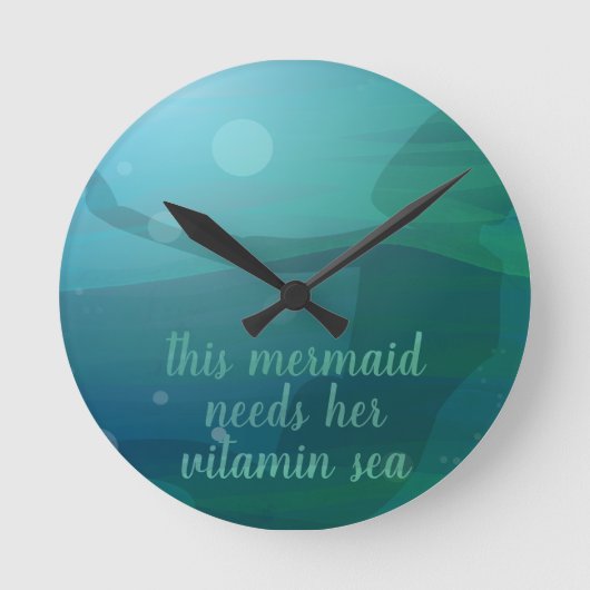 ティール(緑がかった色)マーメイドシルエット海波カスタム引用文 ラウンド壁時計 (正面)