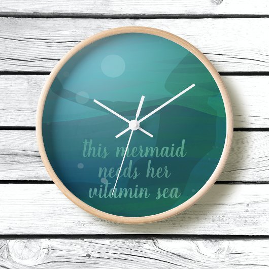 ティール(緑がかった色)マーメイドシルエット海波カスタム引用文 ラウンド壁時計