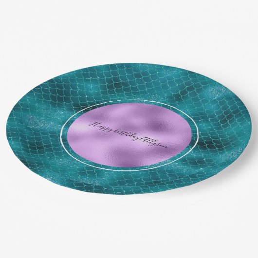 ティール（緑がかった色）マーメイドスパークル ペーパープレート (アングル)