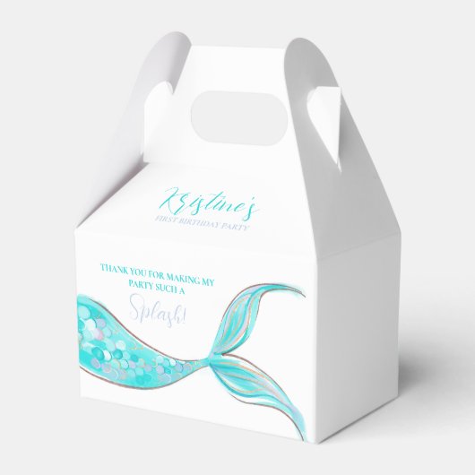 ティール（緑がかった色）マーメイドテールテーマ誕生日お願いボックス フェイバーボックス (裏面サイド)