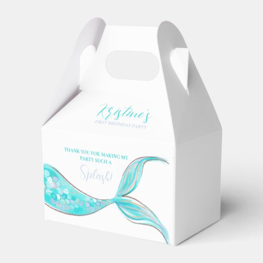 ティール（緑がかった色）マーメイドテールテーマ誕生日お願いボックス フェイバーボックス (正面サイド)