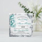 ティール(緑がかった色)マーメイドパーティー招待状 シーズンカード (スタンド正面)