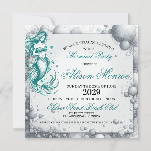 ティール（緑がかった色）マーメイドパーティー招待状 シーズンカード (正面)