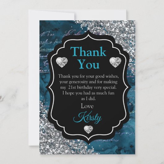 ティール(緑がかった色)マーメイドレターズシルバーグリッターサンキュー サンキューカード (正面)