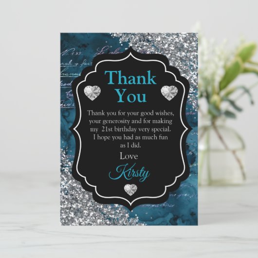 ティール(緑がかった色)マーメイドレターズシルバーグリッターサンキュー サンキューカード (スタンド正面)