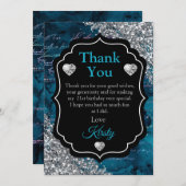 ティール(緑がかった色)マーメイドレターズシルバーグリッターサンキュー サンキューカード (正面/裏面)