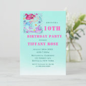 ティール（緑がかった色）マーメイド10バースデーパーティ招待状 (スタンド正面)
