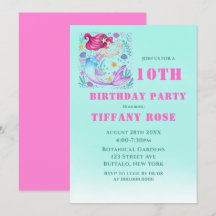 ティール（緑がかった色）マーメイド10バースデーパーティ招待状