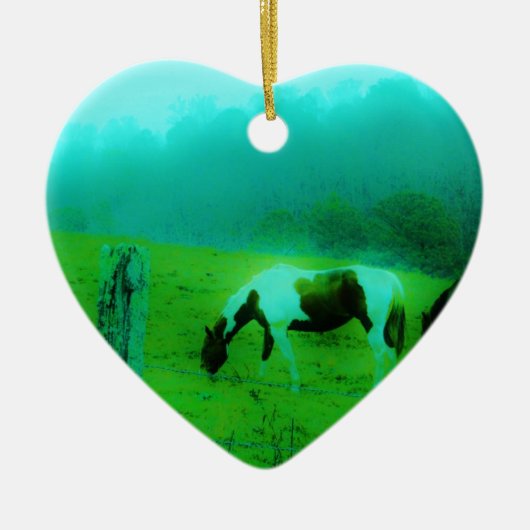 ティール（緑がかった色）ミストレ絵を描ト色ポニー馬 セラミックオーナメント (正面)