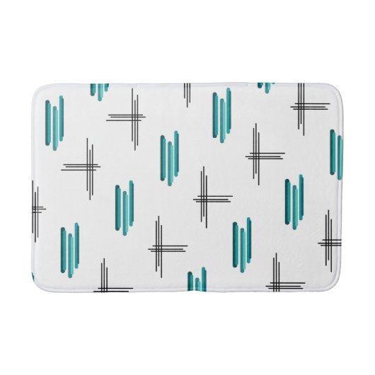 ティール（緑がかった色）ミッドセンチュリーモダンストライプとライン バスマット (正面)