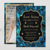 ティール（緑がかった色）ミッドナイトクリスタル銀河系Sweet sixteen写真 招待状 (正面/裏面)